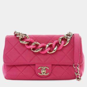 Pre Owned Chanel Pink Small Lambskin Elegant Chain Single Flap