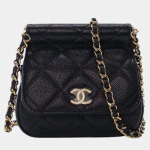 Pre Owned Chanel Black Mini Caviar Bar Clutch On Chain