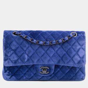 Pre Owned Chanel Blue Medium Classic Velvet Double Flap