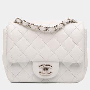 Pre Owned Chanel White Mini Square Classic Caviar Single Flap
