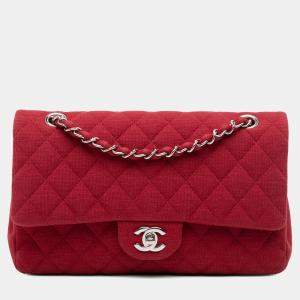 Pre Owned Chanel Red Medium Classic Jersey Double Flap