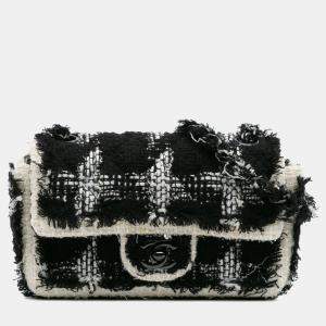 Pre Owned Chanel Black White Mini Rectangular Classic Tweed Tartan Single Flap