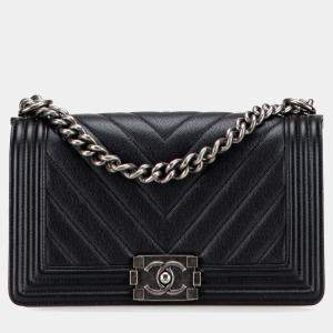 Pre Owned Chanel Black Old Medium Chevron Caviar Boy Flap