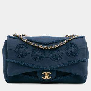Pre Owned Chanel Blue Jumbo Chevron Denim Fringe Coco Flap