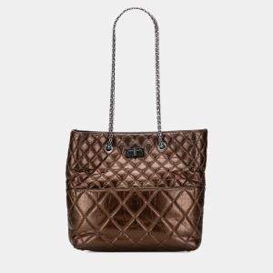 Pre Owned Chanel Brown Reissue 2.55 Quilted Metallic Aged Calfskin Tote