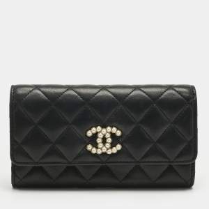Pre Owned Chanel Black Quilted Leather CC Pearl Flap Wallet