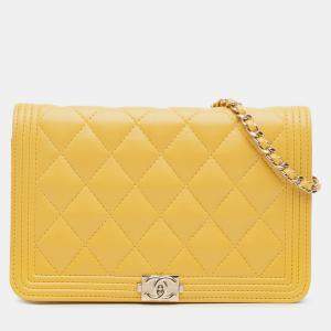Pre Owned Chanel Yellow Quilted Lambskin Boy Wallet On Chain