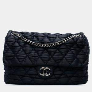Pre Owned Chanel Navy Blue Extra Large CC Quilted Satin Single Flap