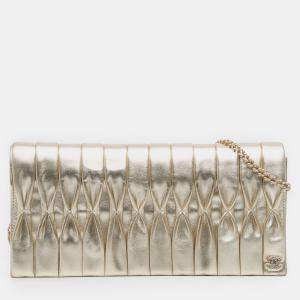 Pre Owned Chanel Gold CC Metallic Pleated Lambskin Chain Link Shoulder Bag