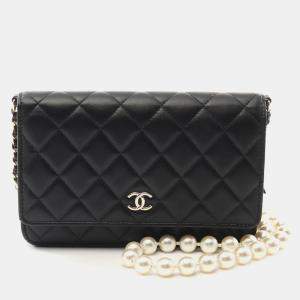 Pre Owned Chanel Pearl Strap CC Black Quilted Calfskin Wallet on Chain