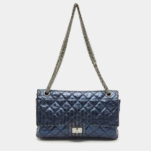 Pre Owned Chanel Metallic Blue Quilted Striped Leather Classic 226 Reissue 2.55 Flap Bag