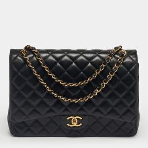 Pre Owned Chanel Black Quilted Leather Maxi Classic Double Flap Bag