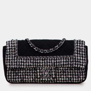 Pre Owned Chanel Black Medium Quilted Jersey and Tweed Chain Flap