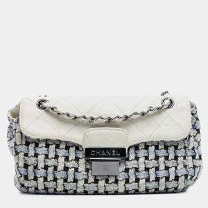Pre Owned Chanel Black/White Tweed and Calfskin Woven Single Flap