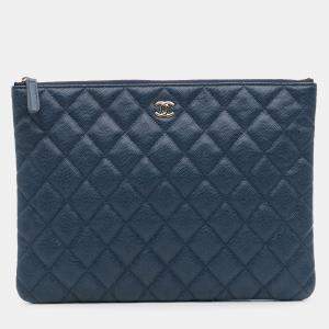 Pre Owned Chanel Navy Blue Medium Quilted Caviar O Case Clutch
