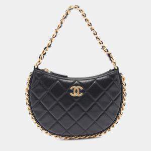 Pre Owned Chanel CC Chain Around Quilted Black Leather Hobo Bag