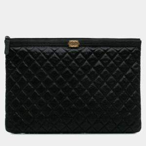 Pre Owned Chanel Black Large Lambskin Boy O Case Clutch