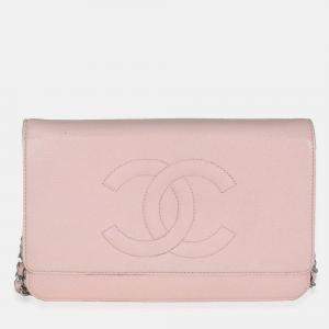 Pre Owned Chanel Pink Quilted Caviar Timeless CC Classic Wallet On Chain