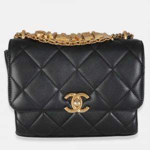 Pre Owned Chanel Black Quilted Lambskin Small CC Crystal Logo Chain Flap Bag