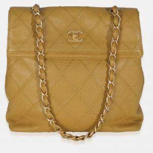 Pre Owned Chanel Beige Quilted Caviar Chain Flap Shoulder Bag