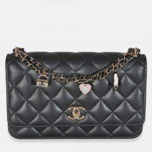 Pre Owned Chanel Black Pearly Quilted Lambskin Charms Wallet On Chain