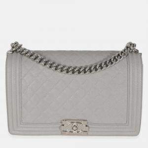 Pre Owned Chanel Grey Quilted Caviar New Medium Boy Bag