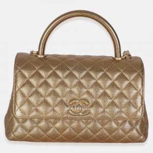 Pre Owned Chanel Bronze Metallic Quilted Caviar Small Coco Handle Flap