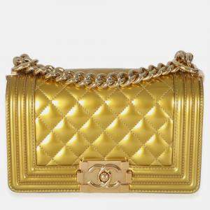Pre Owned Chanel Gold Metallic Patent Calfskin Quilted Small Boy Bag