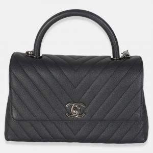 Pre Owned Chanel Grey Caviar Chevron Medium Coco Top Handle Bag