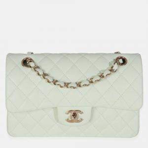 Pre Owned Chanel Light Green Quilted Caviar Small Classic Double Flap Bag