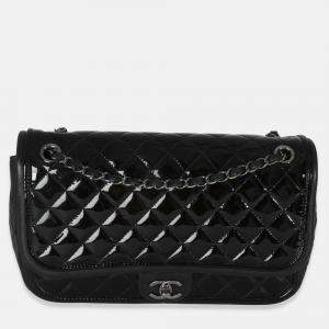 Pre Owned Chanel Black Quilted Patent Classic Jumbo Twist Flap Bag