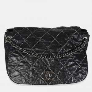 Pre Owned Chanel Black Calfskin Double Stitch Accordion Flap Bag