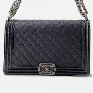 Pre Owned Chanel Boy Large Black Lambskin Matelasse Coco Mark Chain Shoulder Bag