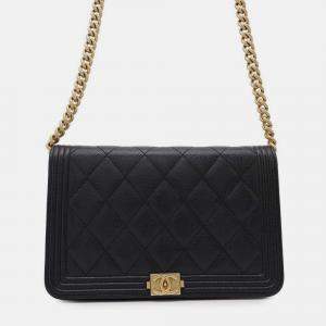 Pre Owned Chanel Boy Matelasse Coco Mark Black Calf Leather Chain Wallet Shoulder Bag