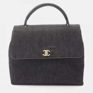 Pre Owned Chanel Coco Mark Gray Denim Handbag 