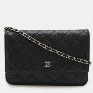Pre Owned Chanel Matelasse Chain Wallet Shoulder Bag Pochette In Black Caviar Leather