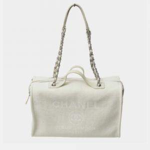 Pre Owned Chanel Deauville White Canvas Leather Boston Shoulder Bag 