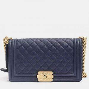 Pre Owned Chanel Ladies Boy Navy Caviar Skin  Chain Shoulder Bag