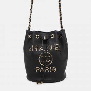 Pre Owned Chanel Chain Shoulder Bag Deauville Line Coco Mark Calf Leather Black