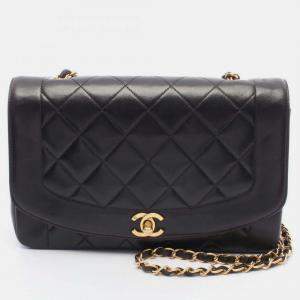 Pre Owned Chanel Matelasse Diana Flap Shoulder Bag In Lambskin Leather Black