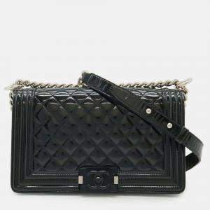 Pre Owned Chanel Boy Chanel Matelasse Coco Mark Chain Shoulder Bag In Black Enamel Leather 