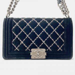 Pre Owned Chanel Chain Shoulder Bag Boy 25 Matelasse Velour Black