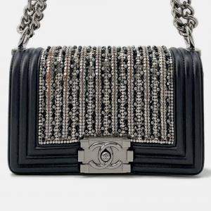 Pre Owned Chanel Chain Shoulder Bag Boy Small Coco Mark Jeweled Lambskin Black