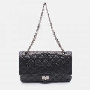 Pre Owned Chanel 2.55 Matelasse Maxi Double Flap Shoulder Bag In Calfskin Leather Black