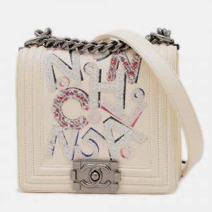 Pre Owned Chanel Boy Chanel Chain Shoulder Bag Leather Canvas White