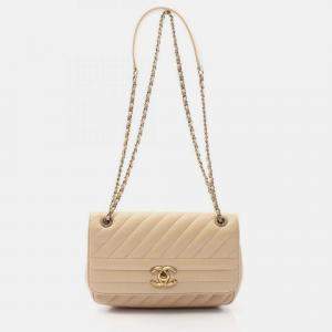 Pre Owned Chanel Diagonal Quilted Flap Shoulder Bag In Goatskin Leather Beige