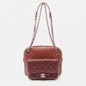 Pre Owned Chanel V-Stitch Chevron Shoulder Bag In Lambskin Leather Brown And Burgundy