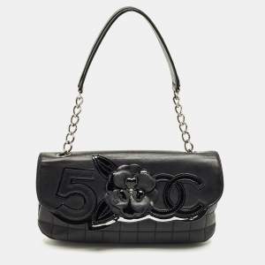 Pre Owned Chanel Black Quilted Leather No.5 Camellia Flap Bag