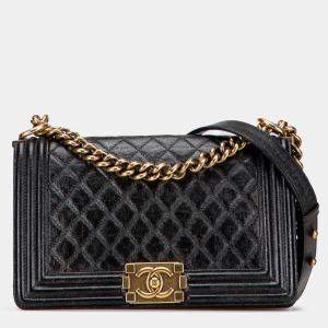 Pre Owned Chanel Black Old Medium Cracked Metallic Calfskin Boy Flap