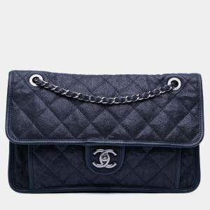 Pre Owned Chanel Navy Blue Medium Caviar French Riviera Flap